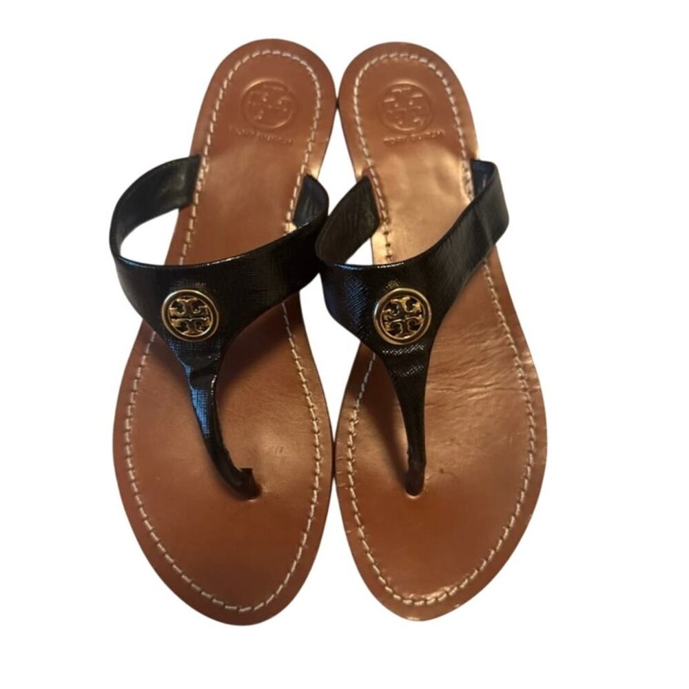 Tory Burch Miller Thong Sandals Black Leather Gold Logo Size 7.5